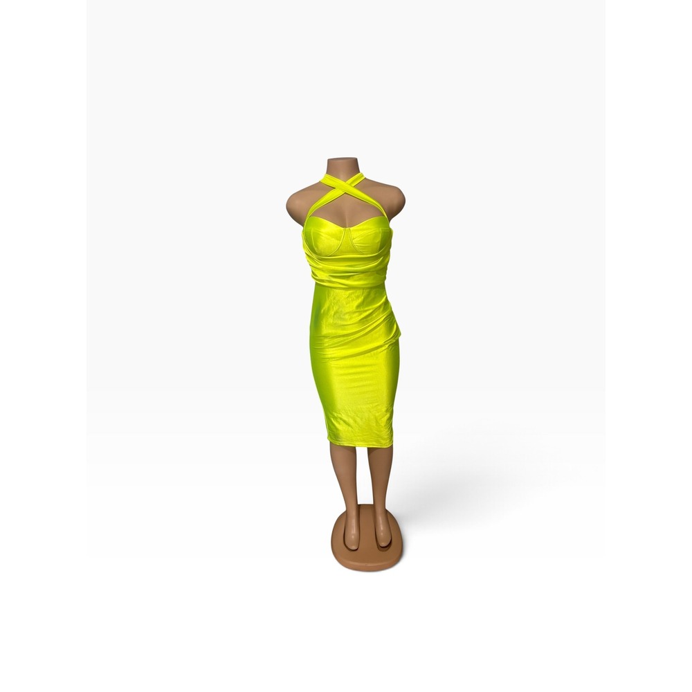 Fashion Nova Neon Lime Yellow Halter Ruched Bodycon Midi Dress Small